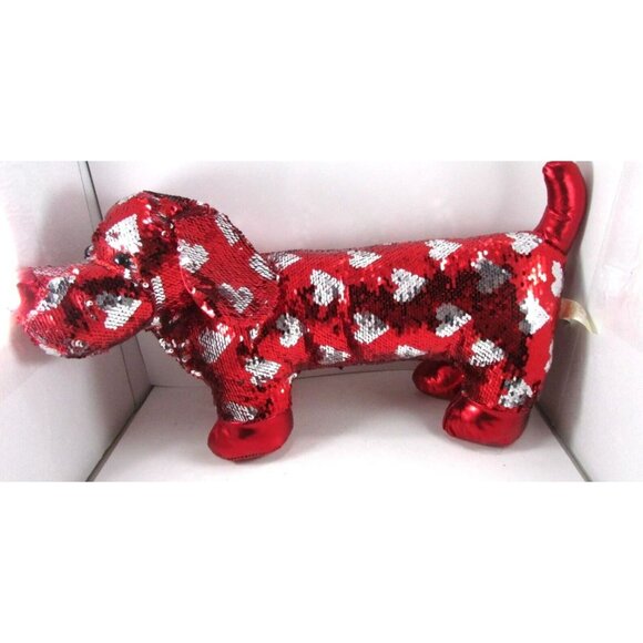 Dandee Sequin Dachshund Plush Stuffed Toys Red & Silver Heart Design Size 15"x17 - Picture 10 of 10